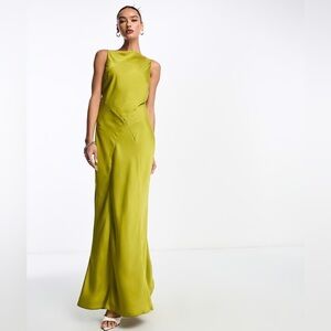 ASOS NWT satin maxi dress with cowl neck back bias cut olive green chartreuse